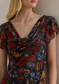 Floral Clipped Jacquard Cowlneck Gown