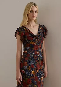 Floral Clipped Jacquard Cowlneck Gown