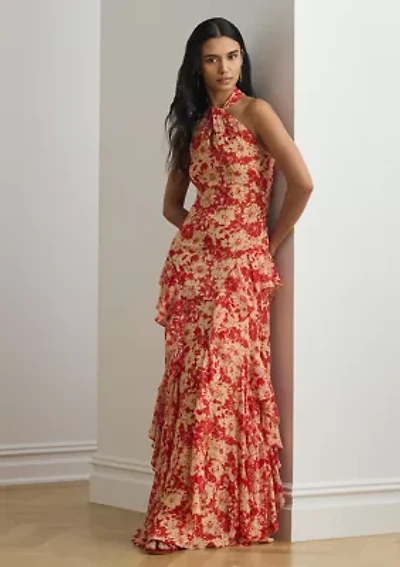 Floral Ruffle-Trim Georgette Halter Gown