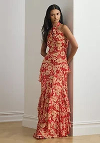 Floral Ruffle-Trim Georgette Halter Gown