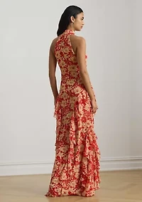 Floral Ruffle-Trim Georgette Halter Gown