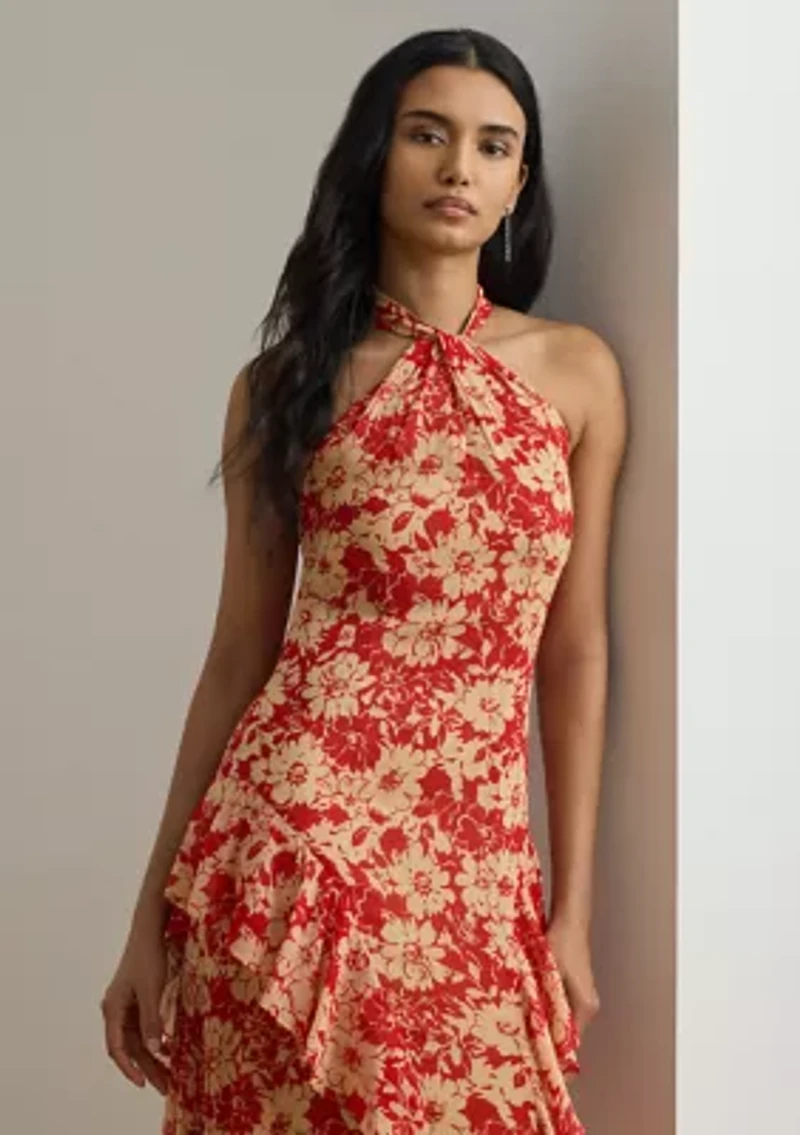 Floral Ruffle-Trim Georgette Halter Gown