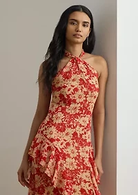 Floral Ruffle-Trim Georgette Halter Gown