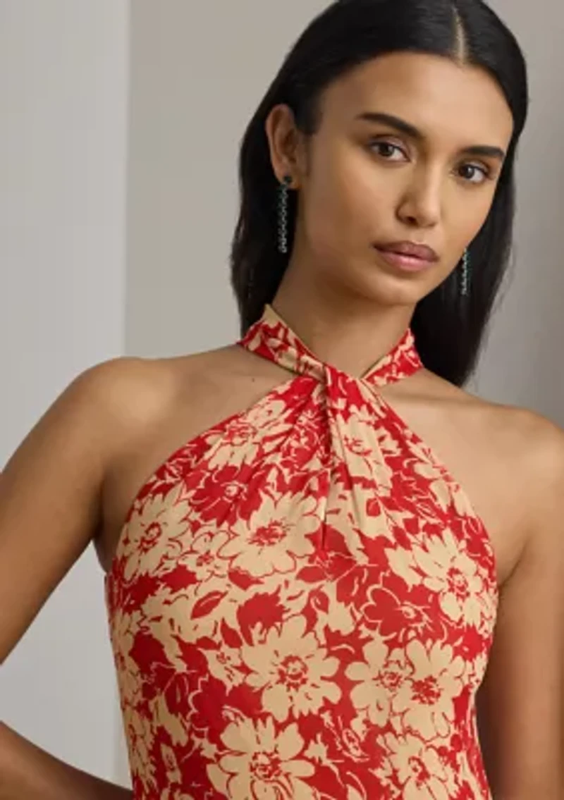 Floral Ruffle-Trim Georgette Halter Gown