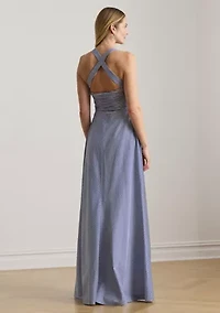 Women's Striped Pleated Taffeta Sleeveless Gown