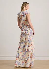 Floral Ruffle-Trim Georgette Tiered Gown