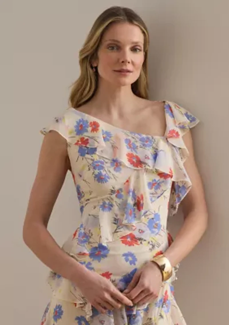 Floral Ruffle-Trim Georgette Tiered Gown