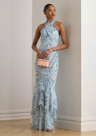Women's Paisley Crinkle Georgette Halter Gown