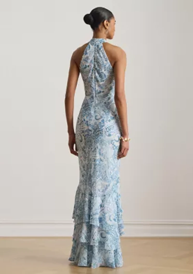 Women's Paisley Crinkle Georgette Halter Gown