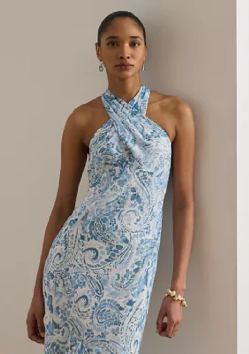 Women's Paisley Crinkle Georgette Halter Gown