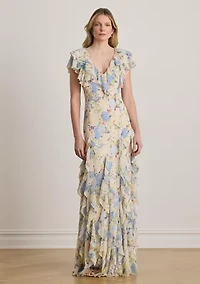 Women's Floral Ruffle-Trim Georgette Tiered Gown