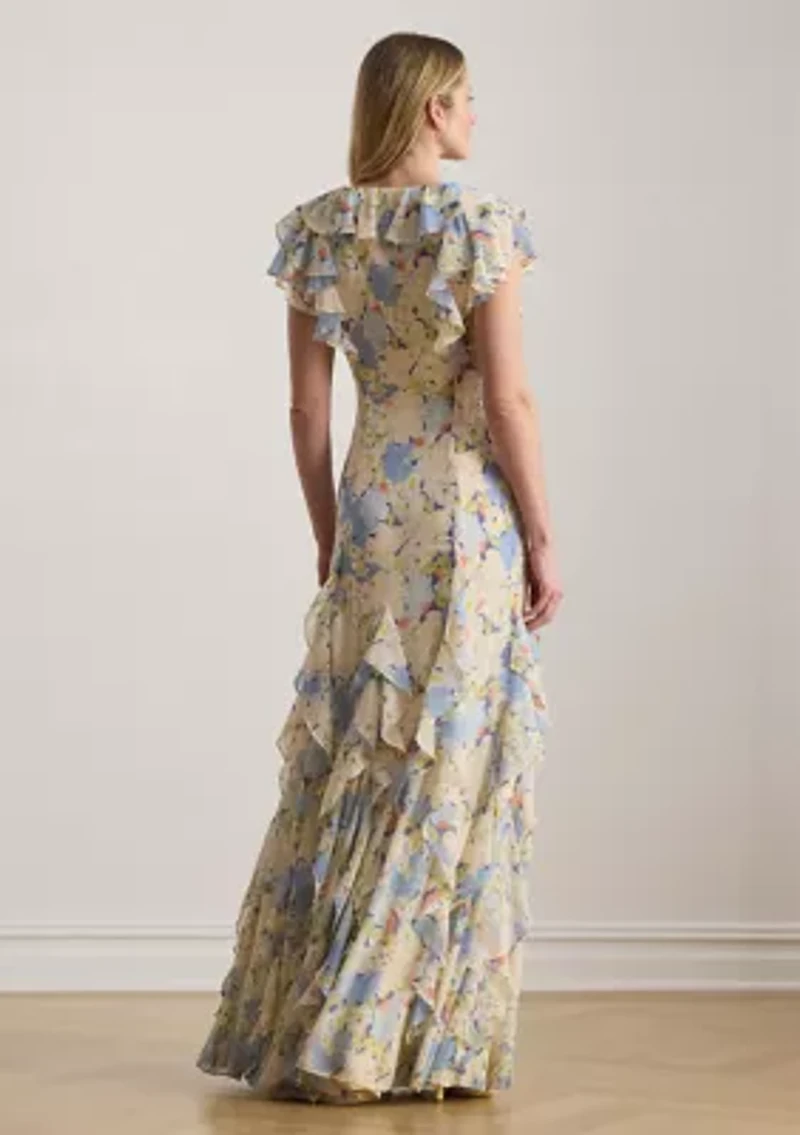 Women's Floral Ruffle-Trim Georgette Tiered Gown
