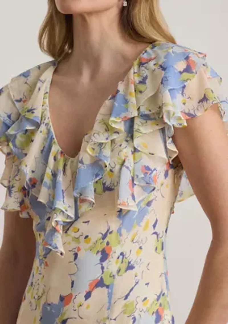 Women's Floral Ruffle-Trim Georgette Tiered Gown