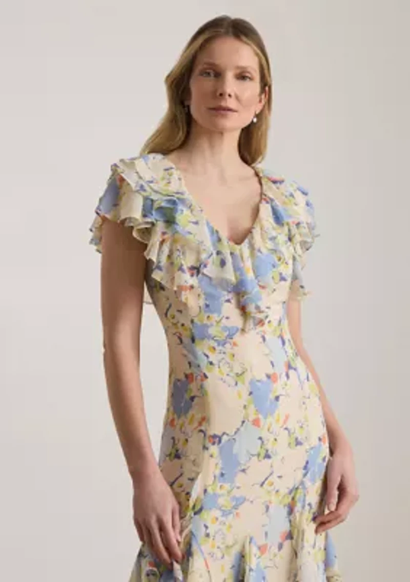 Women's Floral Ruffle-Trim Georgette Tiered Gown