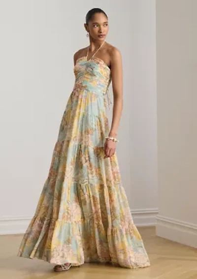 Women's Floral Georgette Tiered Halter Gown