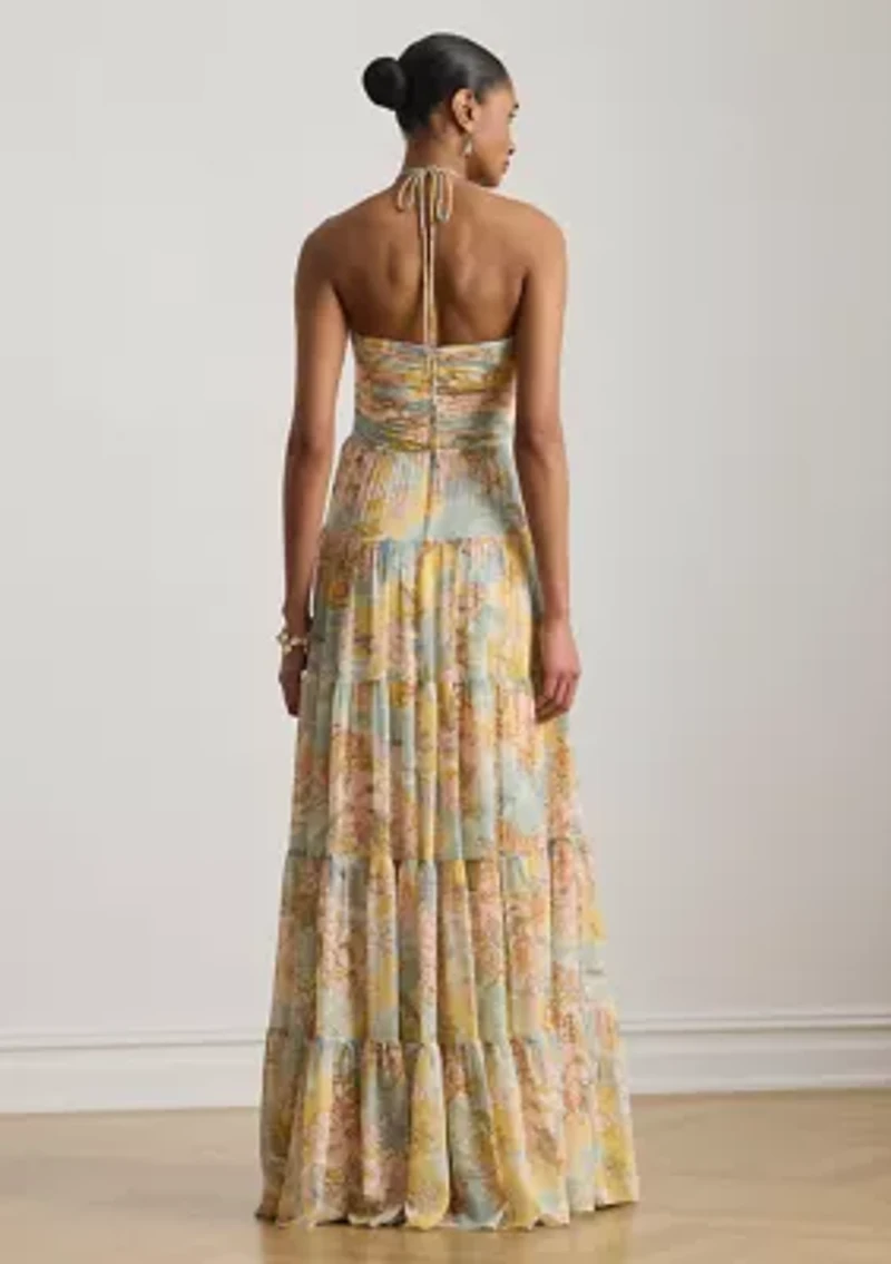 Women's Floral Georgette Tiered Halter Gown