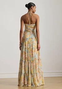 Women's Floral Georgette Tiered Halter Gown
