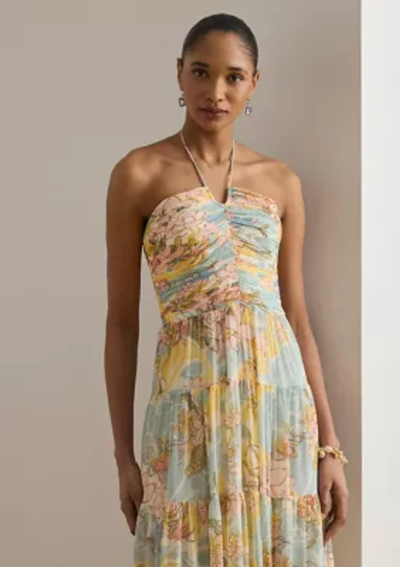Women's Floral Georgette Tiered Halter Gown