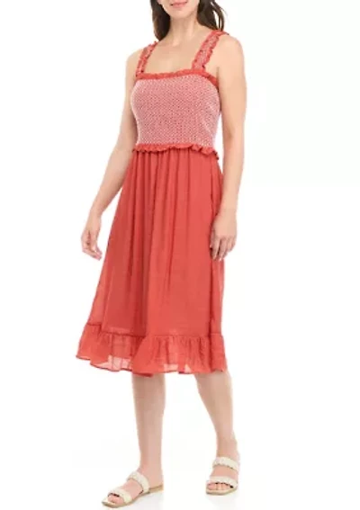 Women's Sleeveless Smocked Bodice Gauze Midi Dress