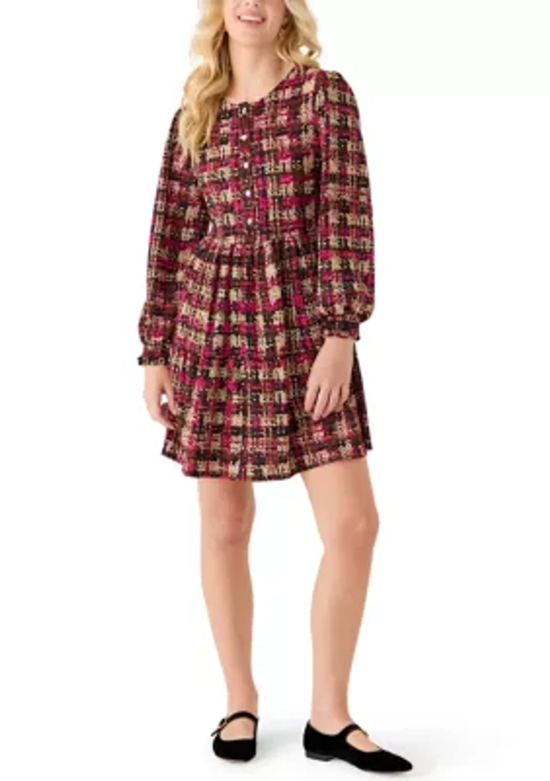 Women's Long Sleeve Textured Plaid Dress