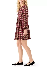 Women's Long Sleeve Textured Plaid Dress