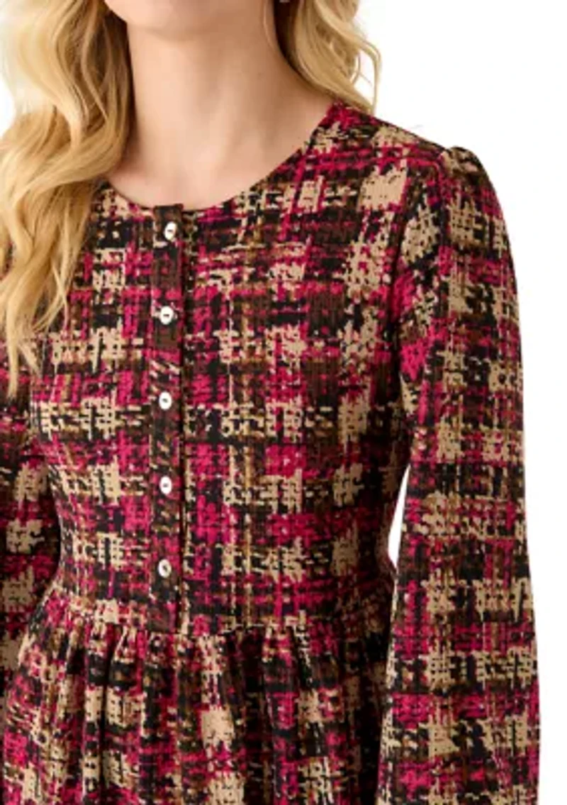 Women's Long Sleeve Textured Plaid Dress
