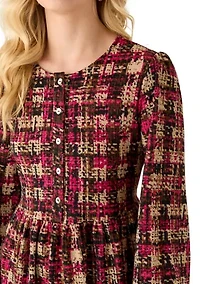 Women's Long Sleeve Textured Plaid Dress