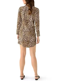Women's Long Sleeve Animal Tie Waist Shirtdress