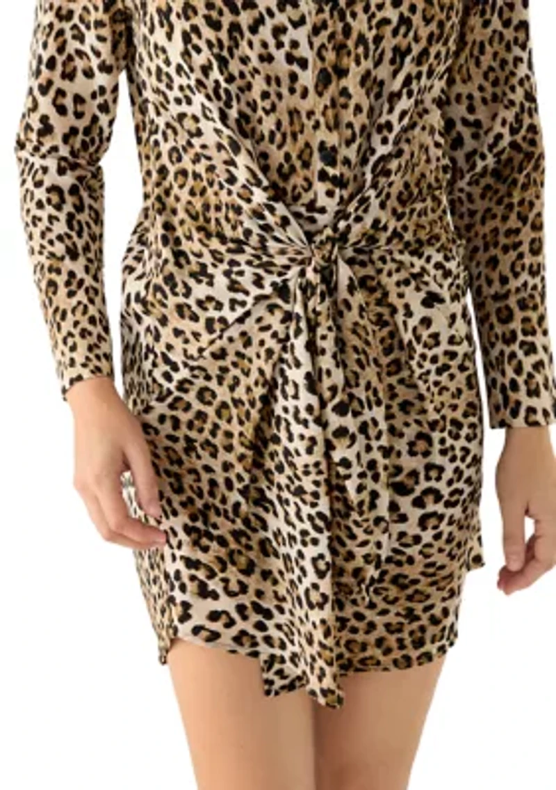 Women's Long Sleeve Animal Tie Waist Shirtdress