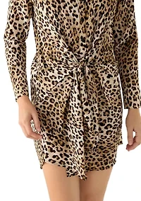 Women's Long Sleeve Animal Tie Waist Shirtdress