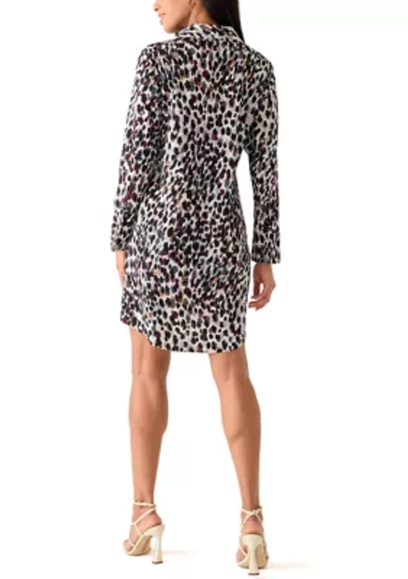 Women's Long Sleeve Animal Print Tie Waist Shirtdress