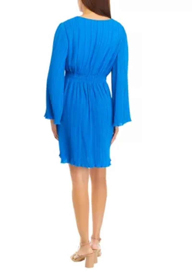Women's Long Sleeve V-Neck Pleated Solid A-Line Dress