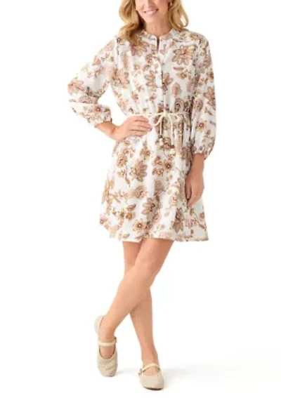 Women's 3/4 Balloon Sleeve Floral Print Tie Waist A-Line Dress