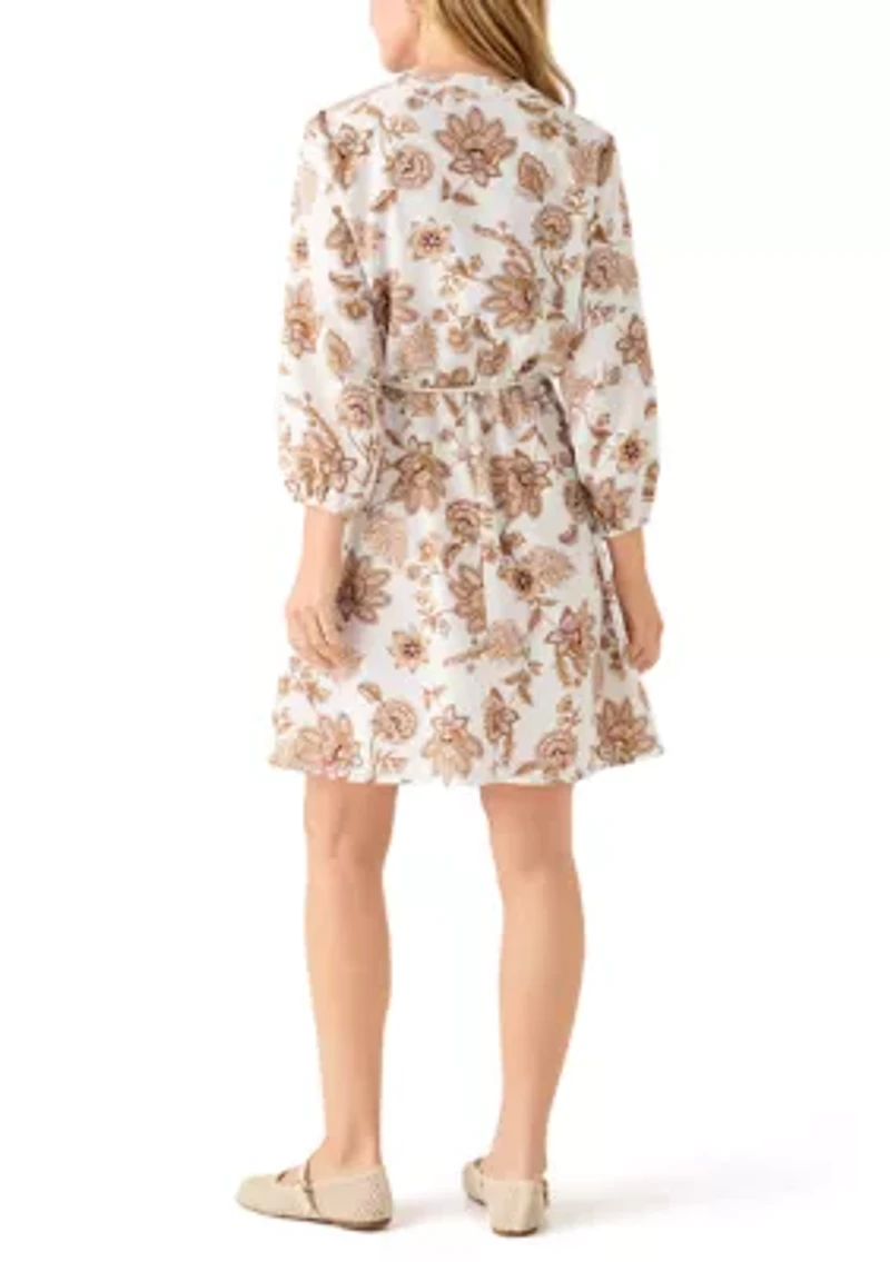 Women's 3/4 Balloon Sleeve Floral Print Tie Waist A-Line Dress