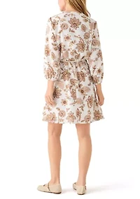 Women's 3/4 Balloon Sleeve Floral Print Tie Waist A-Line Dress