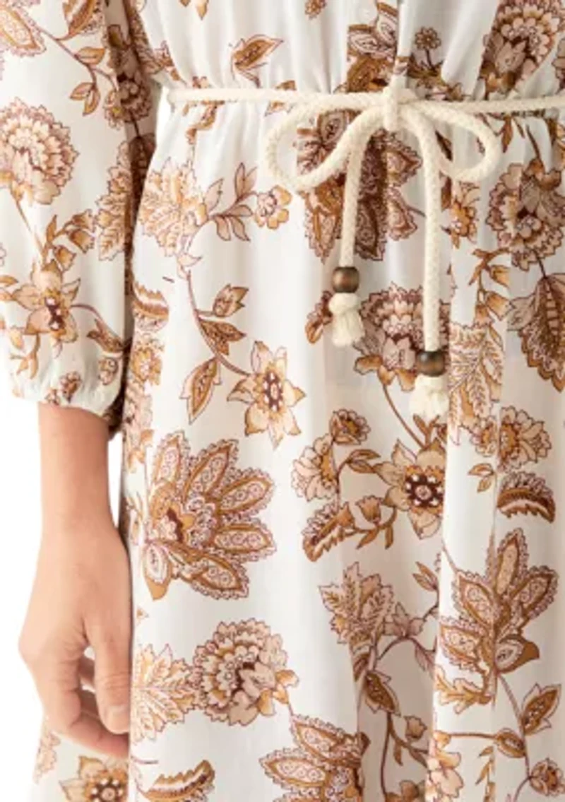 Women's 3/4 Balloon Sleeve Floral Print Tie Waist A-Line Dress