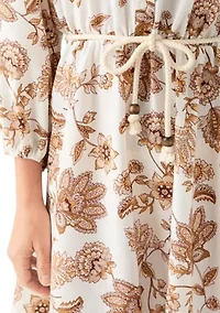 Women's 3/4 Balloon Sleeve Floral Print Tie Waist A-Line Dress