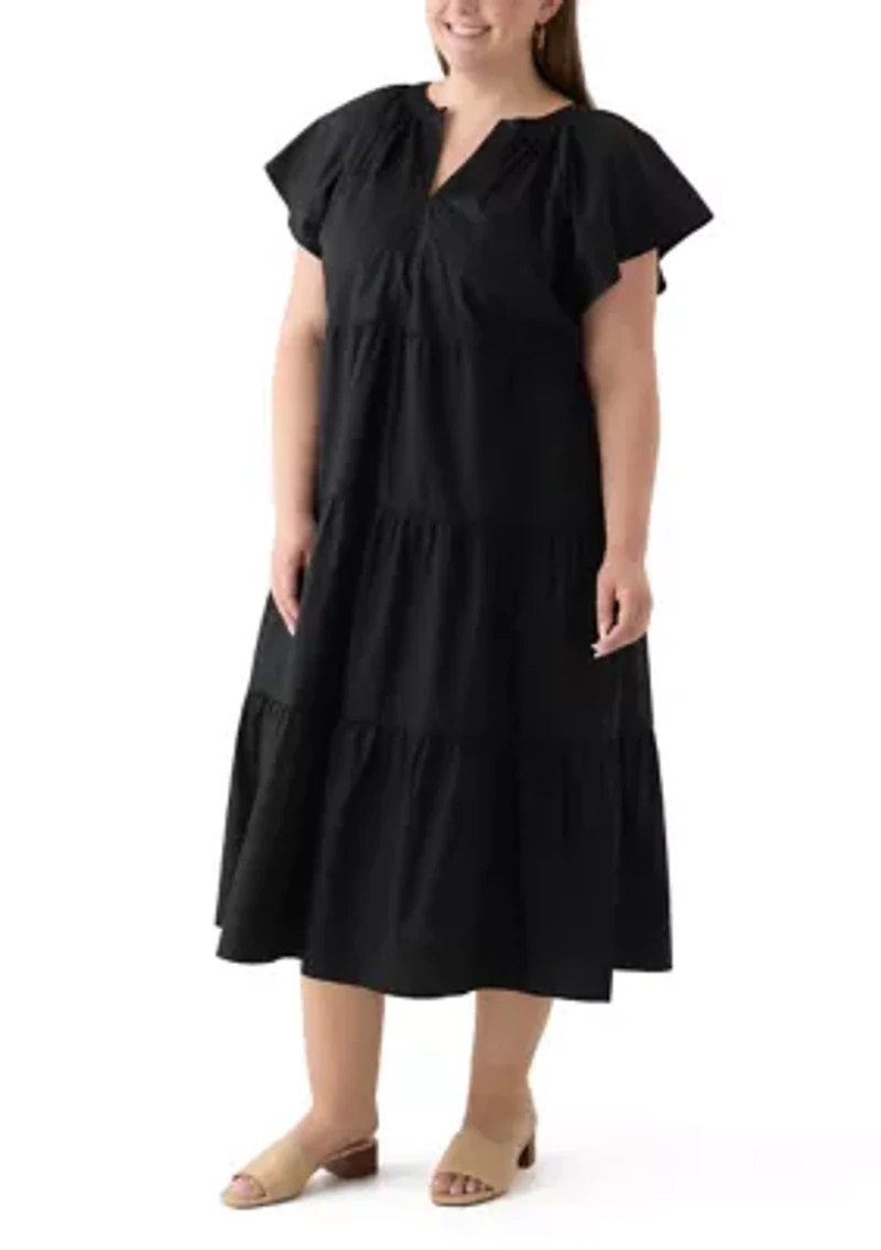 Plus Short Sleeve Split Neck A-Line Dress