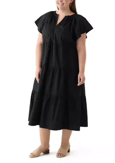 Plus Short Sleeve Split Neck A-Line Dress
