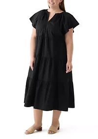 Plus Short Sleeve Split Neck A-Line Dress