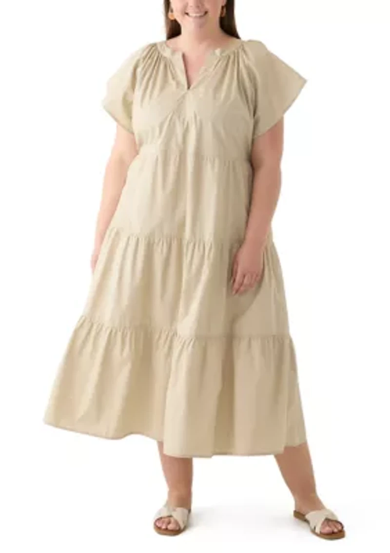 Plus Short Sleeve Split Neck A-Line Dress