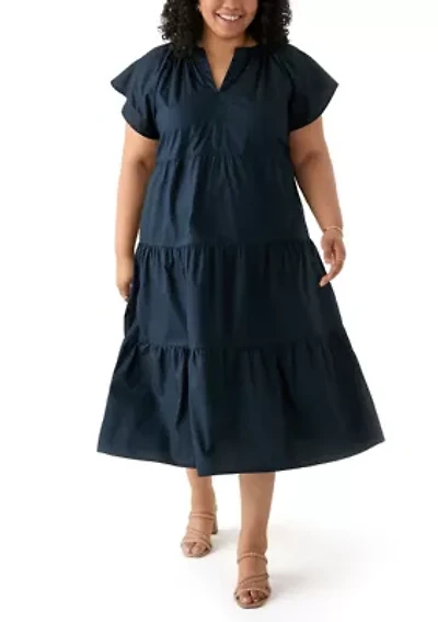 Plus Short Sleeve Split Neck A-Line Dress