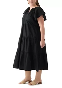Plus Short Sleeve Split Neck A-Line Dress