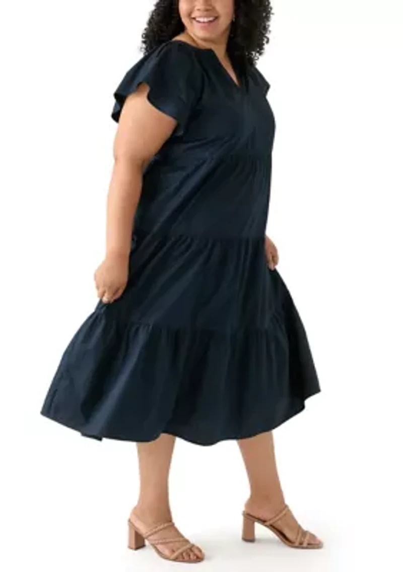 Plus Short Sleeve Split Neck A-Line Dress