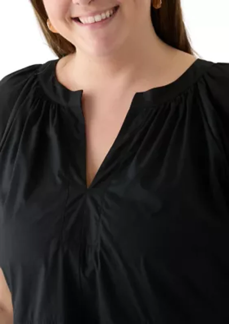 Plus Short Sleeve Split Neck A-Line Dress