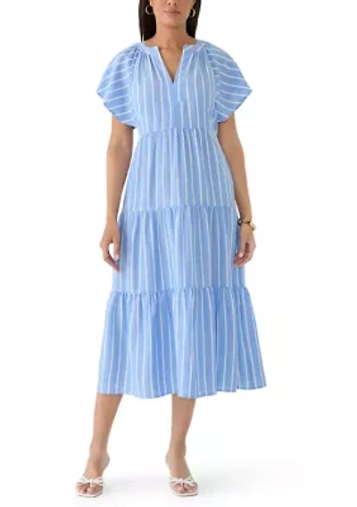 Women's Short Flutter Sleeve Tiered Striped Midi Dress