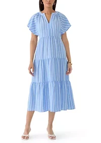 Women's Short Flutter Sleeve Tiered Striped Midi Dress