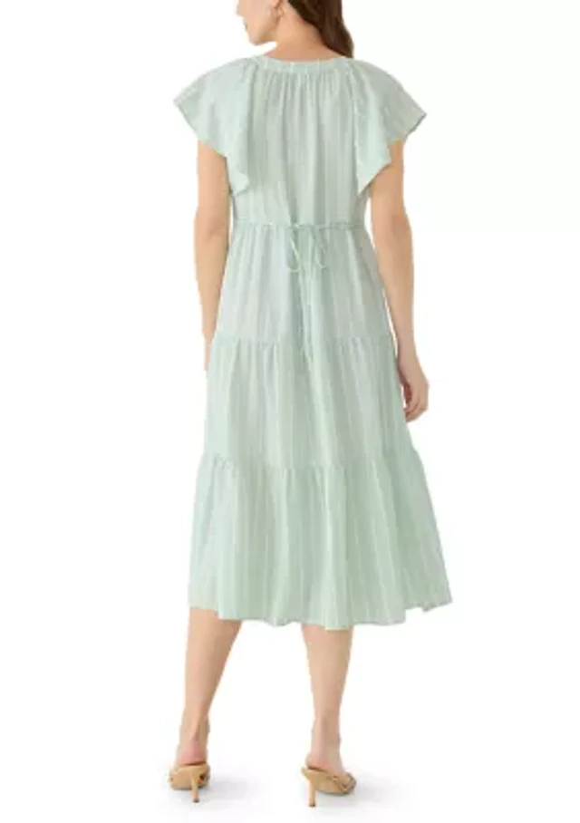 pilcro flutter-sleeve tiered midi dress Pilcro Flutter-sleeve Tiered Midi Dress In Green