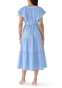 Women's Short Flutter Sleeve Tiered Striped Midi Dress