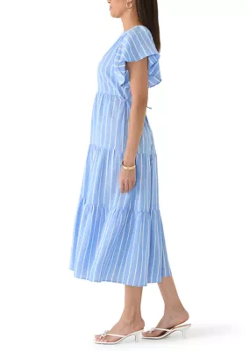 Women's Short Flutter Sleeve Tiered Striped Midi Dress